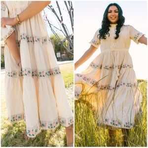 Ivy City Co Cream Pink Floral Embroidered Holland Maxi Tiered Dress XL